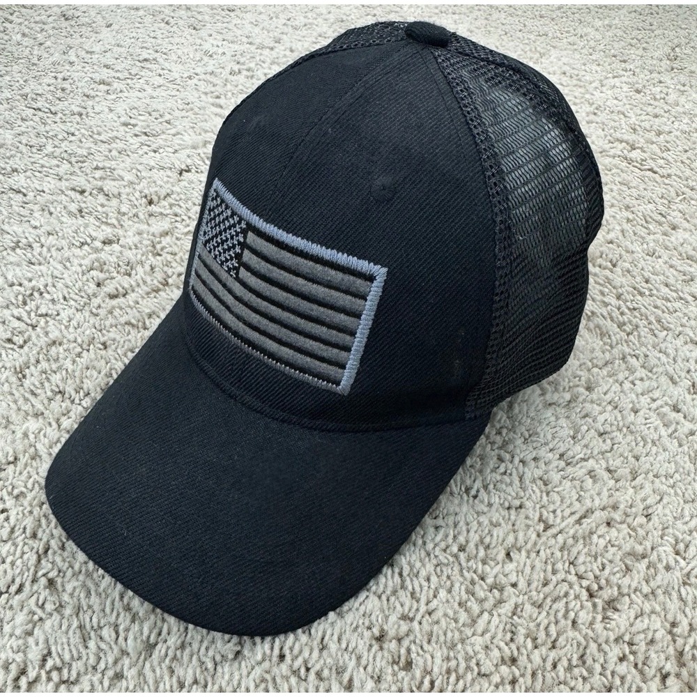 American Flag Patch Mesh Back Trucker Hat ‎ USA Headwear Mens Black Subdued Cap